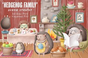 Hedgehog family 可爱手绘水彩刺猬家庭生活场景剪贴画套件
