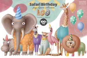 Birthday collection 100多款呆萌趣味野生动物生日派对儿童绘画手绘插画png免抠图片设计素材