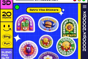 Retro Vibe Stickers 3D Icon Set  20款3D复古趣味卡通形象玩偶公仔立体贴纸插画webp免抠图片素材