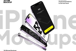 iPhone Vertical Mockups  20款垂直悬浮苹果iPhone 15 Pro手机屏幕演示贴图PSD样机模板