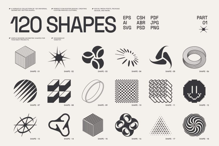 120 Abstract Geometric Shapes. Part1-120款潮流时尚街头抽象艺术Y2K复古科幻几何图形标识图标设计素材