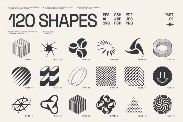 120 Abstract Geometric Shapes. Part1-120款潮流时尚街头抽象艺术Y2K复古科幻几何图形标识图标设计素材
