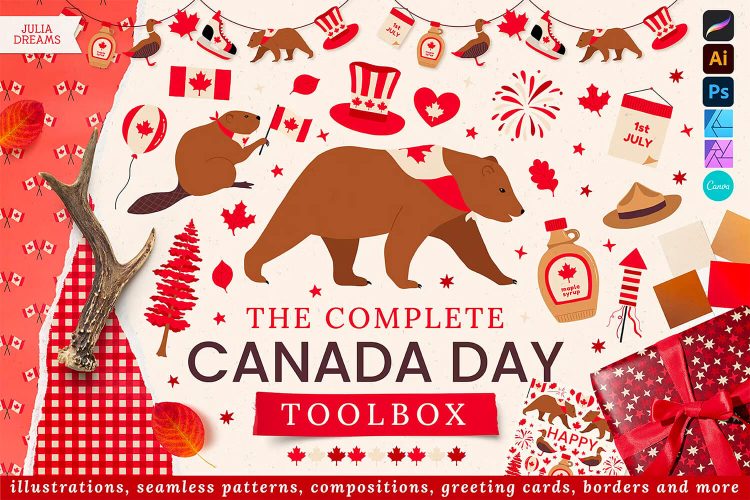 Canada Day July First Seamless Patterns Paper 手绘加拿大国庆枫叶背景矢量无缝图案设计图片素材