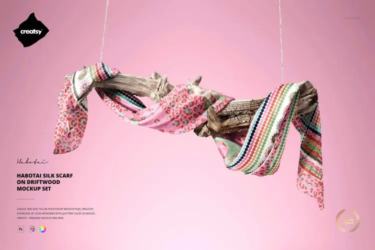 Silk Scarf on Driftwood Mockup Set 2款枯木丝绸围巾织物面料丝巾印花图案设计ps样机素材展示效果图