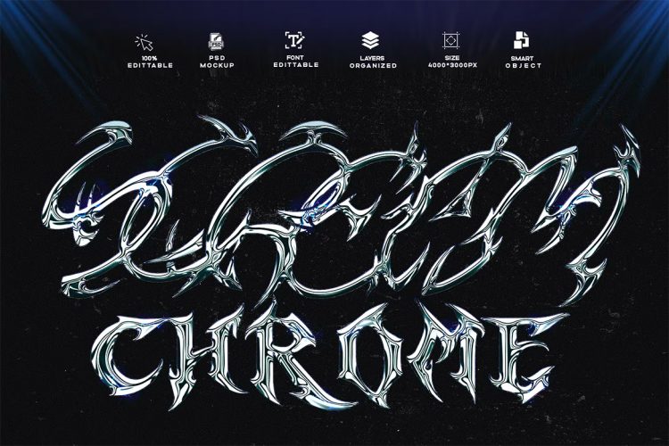 Ultra Chrome Text Effect Text Effect Vole 2 暗黑荆棘镀铬金属潮流光泽质感立体字母文本ps特效样机素材模板