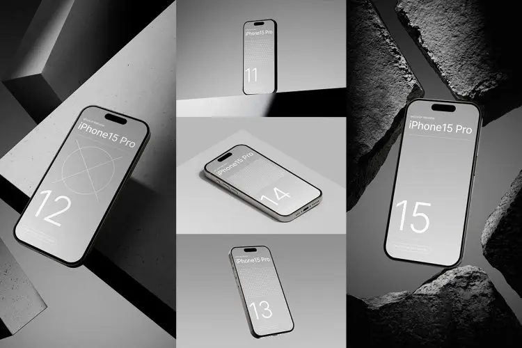 iPhone 15 Pro – Bundle  5款极简工业风iPhone15手机广告app界面贴图ps样机素材展示效果图