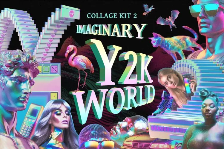 Imaginary Y2K world – Collage Kit 2 复古潮流科幻Y2K千禧镭射全息赛博朋克3D艺术拼贴webp免抠图片素材