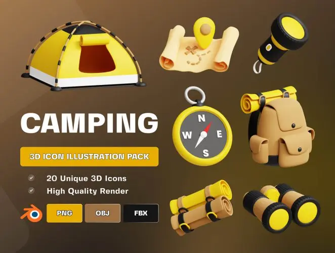 Camping 3D Icon Pack  20款出游旅行野营装备演示3D图标icon设计素材webp免抠图片