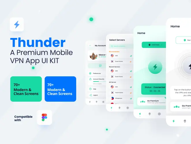 Thunder – A Premium Mobile VPN App UI Kit  70+屏高级国外网络上网策略代理VPN软件APP界面设计Figma模板套件