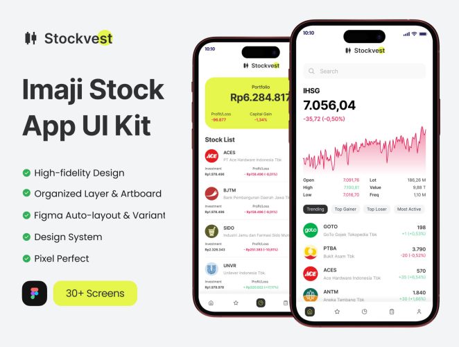 Stockvest – Stock App Mobile UI Kit  30+屏时尚金融理财股票买卖软件APP界面设计Figma模板套件