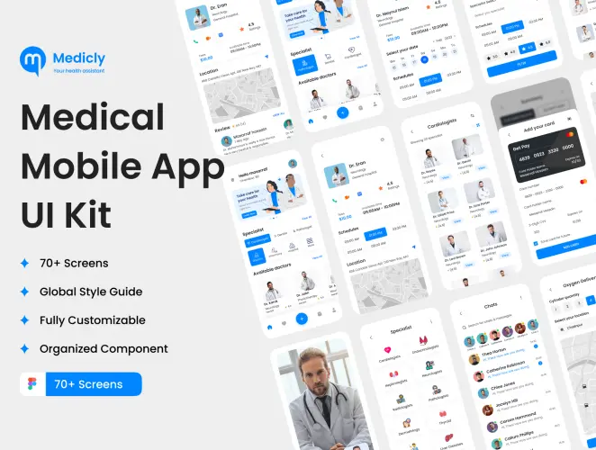 Medicly-Medical App UI Kit  70+屏时尚医疗健康医院在线就诊挂号买药APP软件界面设计Figma模板套件