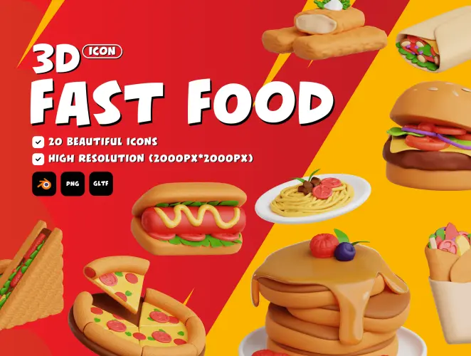 Fast Food 3D Icon Set  20款3D卡通汉堡薯条快餐披萨插图插画icon图标webp免抠图片素材