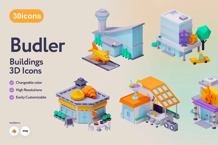 Budler – 3D Buildings Icons  30款房屋建筑地标插图插画设计素材webp免抠图片