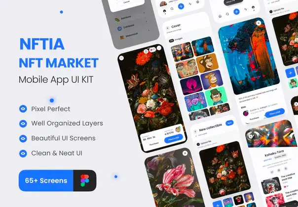 NFTIA – NFT App UI Kit  65+屏高品质虚拟物品NFT在线交易APP软件界面设计Figma模板套件