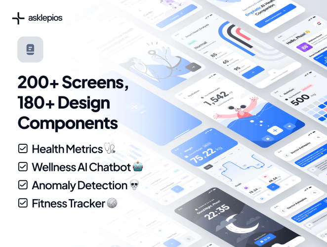 asklepios UI Kit  AI Healthcare & Wellness App  200+屏时尚AI人工智能在线医疗保健健康数据统计软件APP界面设计Figma模板套件