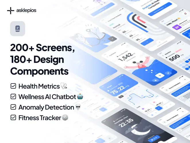asklepios UI Kit  AI Healthcare & Wellness App  200+屏时尚AI人工智能在线医疗保健健康数据统计软件APP界面设计Figma模板套件