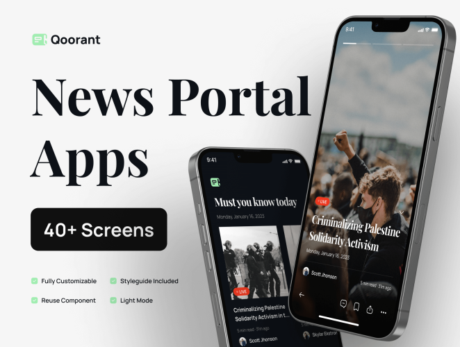 Qoorant – News Portal Mobile Apps UI Kit  40+屏高质量实事新闻门户资讯APP软件界面设计Figma模板套件