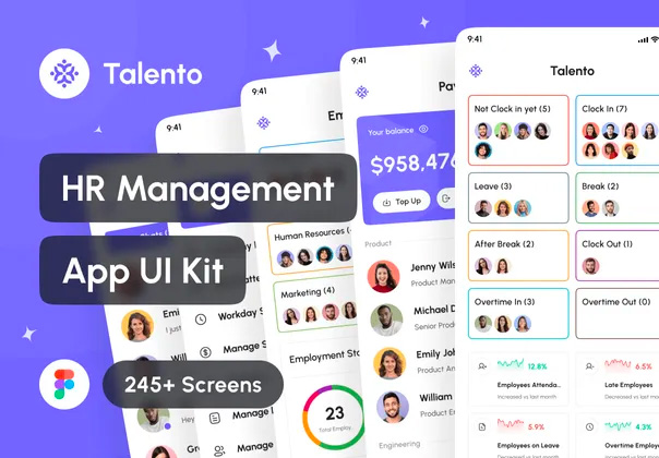 Talento – HR Management App UI Kit  245+屏优质行政管理人力资源HR软件APP界面设计Figma模板套件