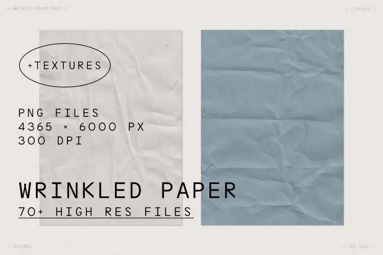 Wrinkled Paper Pack – 70+ PNG Files  80款复古做旧真实褶皱折痕纸张纹理底纹背景材质贴图肌理图片素材
