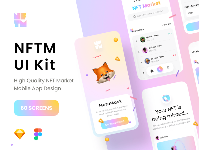 NFT Market UI Kit  50+屏时尚NFT虚拟物品在线交易平台软件APP界面设计套件素材