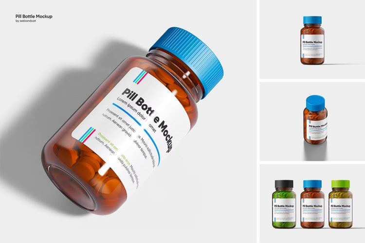 Pill Bottle Mockup 琥珀色塑料药瓶模型瓶身包装标识设计贴图ps样机素材