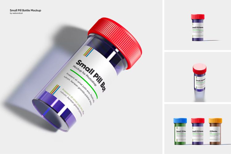 Small Pill Bottle Mockup 塑料透明小药瓶药罐模型罐身包装标签设计贴图ps样机素材