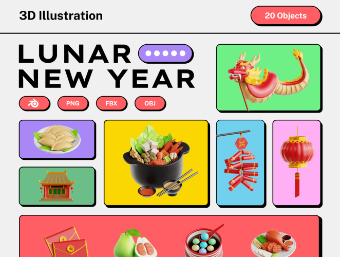 Lunar New Year 3D Icon Set  20款中国传统农历新年龙年春节过年美食插图插画png免抠图片素材