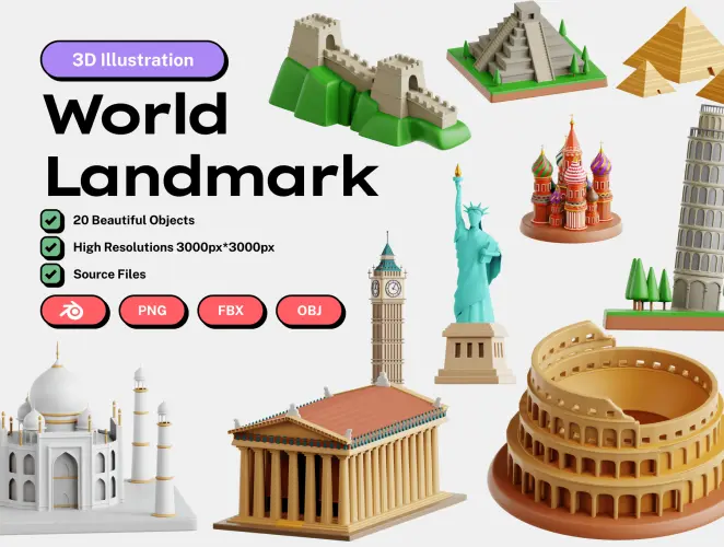 World Landmark 3D Icon Set  20款世界地标3D图标集插图插画webp免抠图片素材