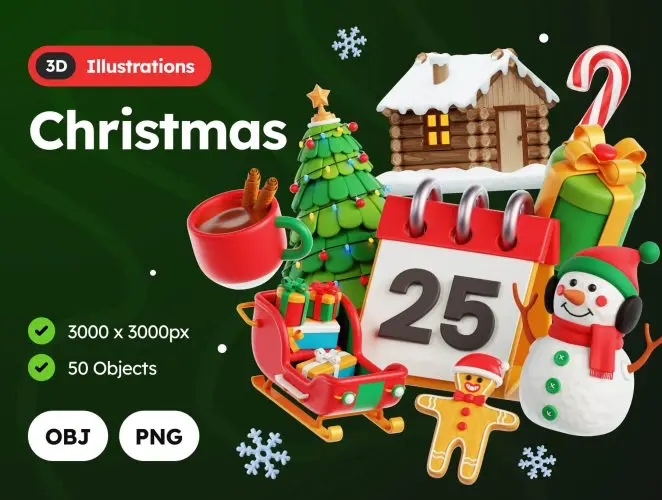 Christmas 3D Illustrations  50款3D卡通圣诞节派对装饰礼物圣诞树插图插画webp免抠图片素材
