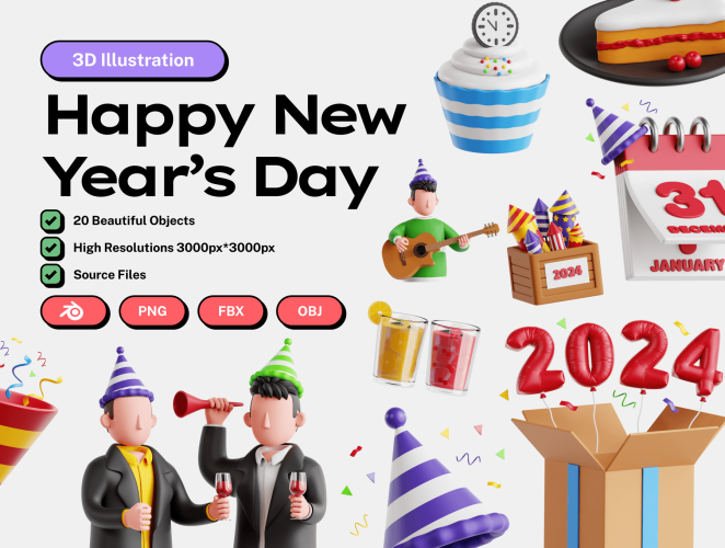 New Year’s Day 3D Icon Set  20款3D卡通新年元旦节日派对跨年趣味插图插画png免抠图片素材