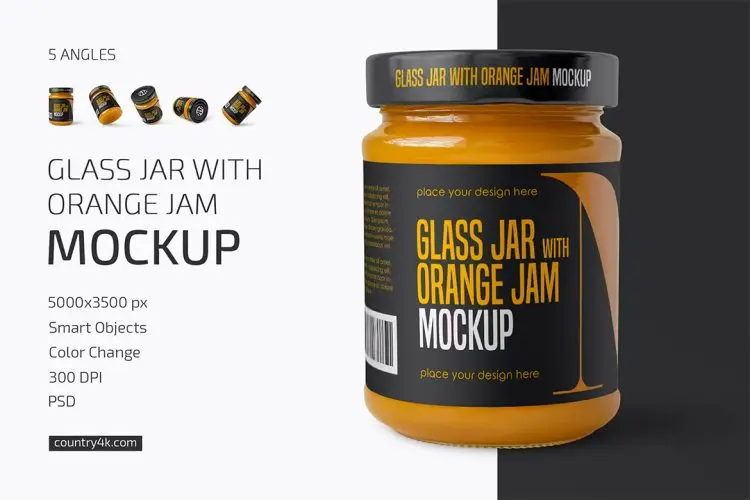 Glass Jar with Orange Jam Mockup Set 食物果酱玻璃罐模型罐身包装设计贴图ps样机素材