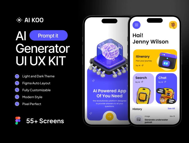 AI KOO – AI Generator Mobile App UI UX KIT 双配色Ai人工智能搜索聊天生成器App应用UI操作界面Figma设计模板