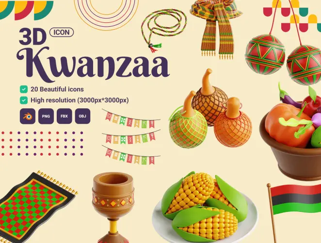Kwanzaa 3D Icon Set  20款非洲宽扎节果实初收节庆祝活动装饰元素3D图标icon素材webp免抠图设计