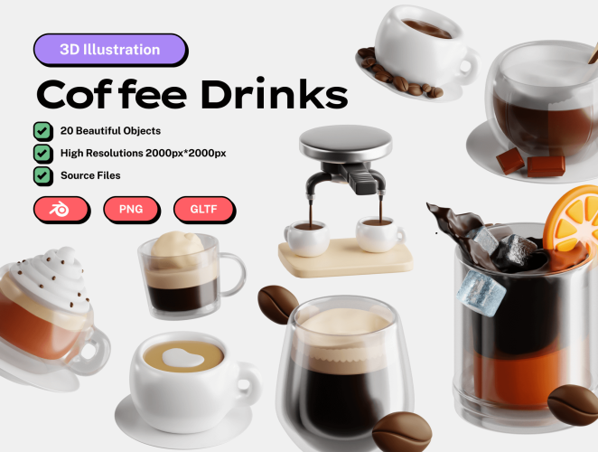 Coffee Drinks 3D Icon Set  20款咖啡店咖啡制作设备手机网页应用演示插图3D图标icon设计素材