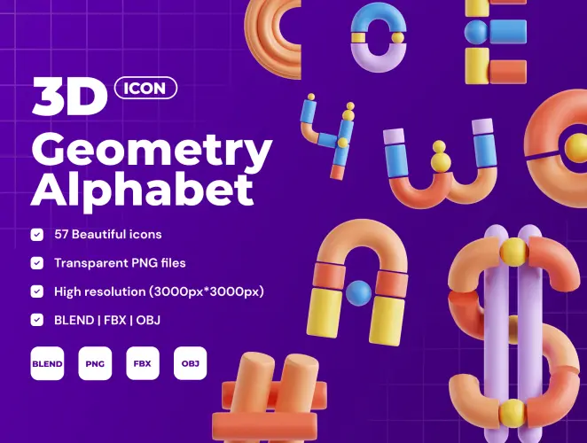 Geometric Alphabet 3D Icon Set  57款3D立体趣味卡通英文字母数字符号几何积木插图webp免抠图片素材