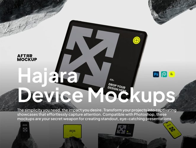 Hajara Device Mockups  10款岩石iPhone手机iPad平板Macbook笔记本电脑ps样机素材效果图