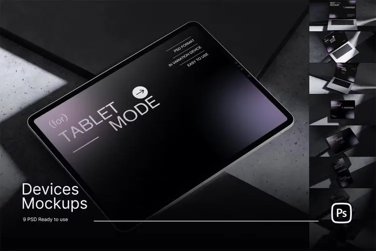 Industrial Devices Mockups  9款现代工业风MacBook笔记本电脑IPhone手机平板UI屏幕界面