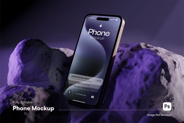 Iphone Mockup 工业风岩石iPhone 15 手机UI壁纸桌面设计展示PSD样机