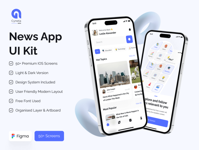 News App UI Kit  50+屏高级简约新闻头条资讯APP软件界面设计Figma模板套件