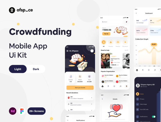 Crowdfunding App UI Design Kit  30张移动众筹在线捐款iOS应用慈善app设计明暗xd模板