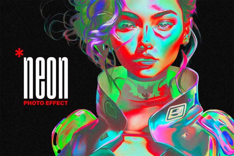 Smooth Negative Neon Photo Effect 潮流科幻赛博朋克Neon霓虹负片镭射人物图像照片滤镜ps特效模板