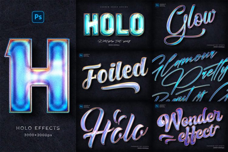 Holographic Text Effects 炫酷流光全息彩虹文本字母ps特效样机素材模板