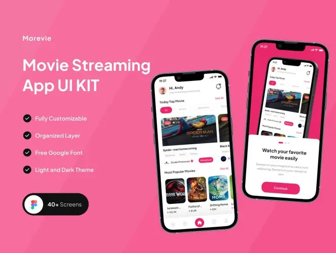 Morevie – Movie Streaming App UI KIT  40+屏优质电影电视剧短视频APP软件界面设计Figma模板套件