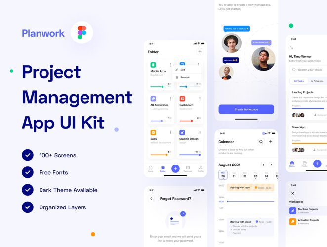 Planwork – Project Management App UI Kit  100+屏深色&浅色主题项目管理软件APP界面设计Figma模板套件