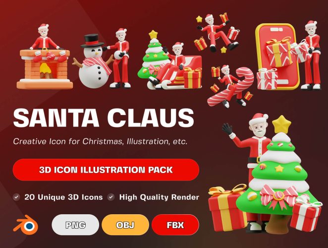 Santa Claus 3D Icon Pack 20款卡通创意圣诞节圣诞老人3D插图插画PNG免扣图片设计素材包