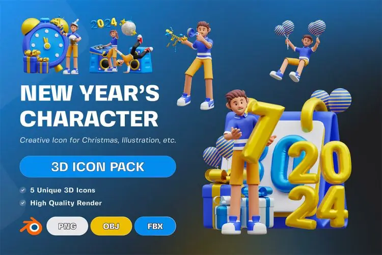 New Year’s Character 3D Illustration  20款2024年新年庆典节日派对主题元素3D人物插画素材webp免抠图片