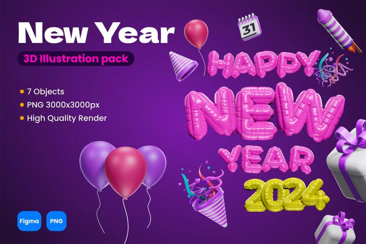 Happy New Year 3D icons Pack  7款2024年新年庆典节日派对主题元素3D图标icon素材png免抠图片