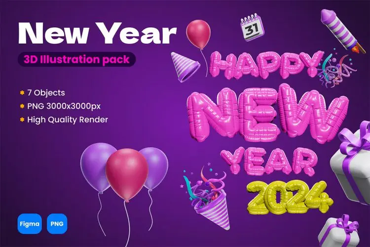 Happy New Year 3D icons Pack  7款2024年新年庆典节日派对主题元素3D图标icon素材webp免抠图片