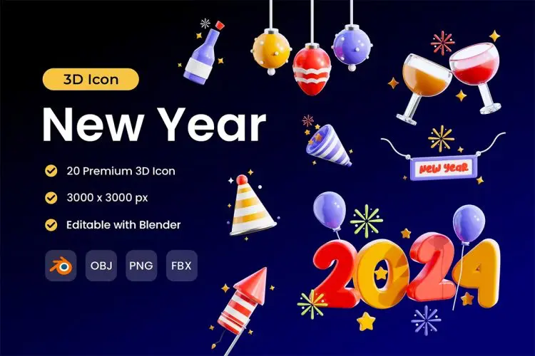 Happy New Year 3D Icon  3D立体卡通新年节日派对庆典跨年礼物盒插画图标webp免抠图片素材