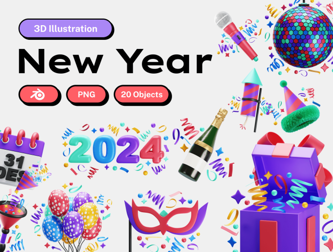 New Year Day  20款3D立体2024跨年新年派对晚会活动庆祝图标插画PNG免扣元素